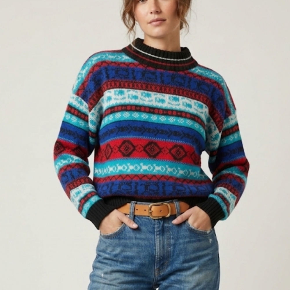 Vtg Glamour Knit Vibrant Multicolor Crewneck Sweater